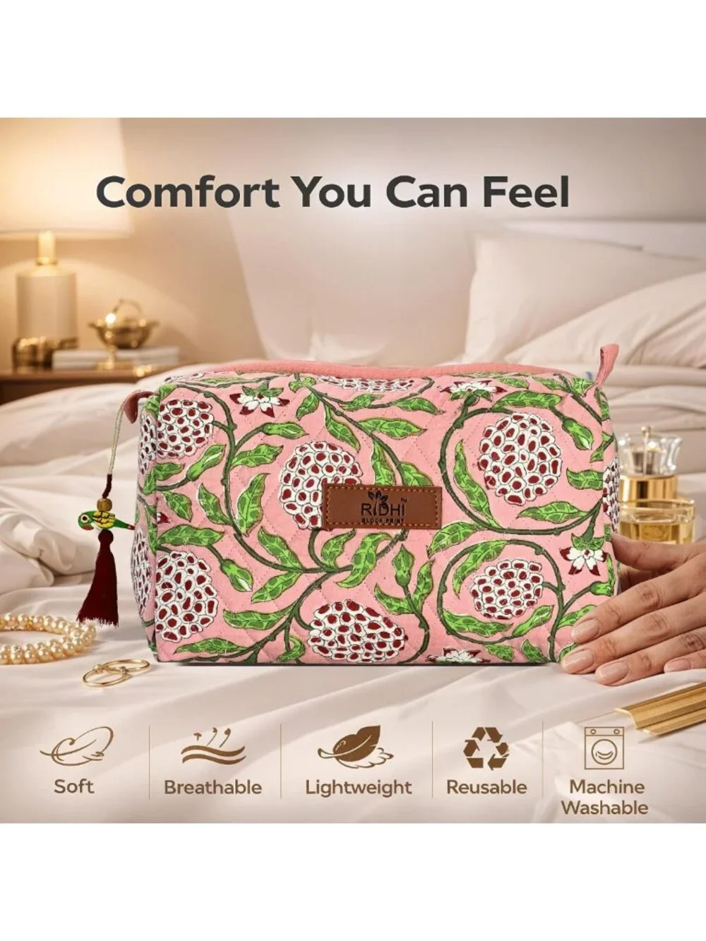 Set of 3 Strawberry Pink Hand Block Print Cotton Toiletry Bags - Travel